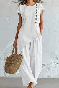 Willluxe® Asymmetrical Button Top & Wide-Leg Pants Lounge Set
