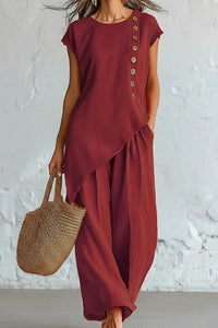 Willluxe® Asymmetrical Button Top & Wide-Leg Pants Lounge Set