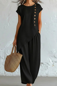 Willluxe® Asymmetrical Button Top & Wide-Leg Pants Lounge Set