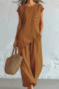 Willluxe® Asymmetrical Button Top & Wide-Leg Pants Lounge Set