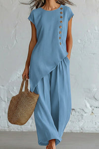 Willluxe® Asymmetrical Button Top & Wide-Leg Pants Lounge Set