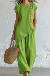 Willluxe® Asymmetrical Button Top & Wide-Leg Pants Lounge Set