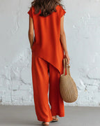 Willluxe® Asymmetrical Button Top & Wide-Leg Pants Lounge Set