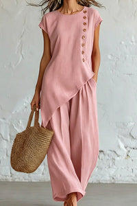Willluxe® Asymmetrical Button Top & Wide-Leg Pants Lounge Set