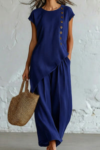 Willluxe® Asymmetrical Button Top & Wide-Leg Pants Lounge Set