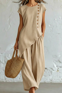 Willluxe® Asymmetrical Button Top & Wide-Leg Pants Lounge Set