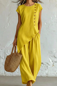 Willluxe® Asymmetrical Button Top & Wide-Leg Pants Lounge Set
