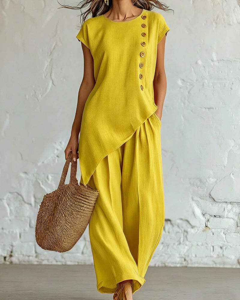 Willluxe® Asymmetrical Button Top & Wide-Leg Pants Lounge Set