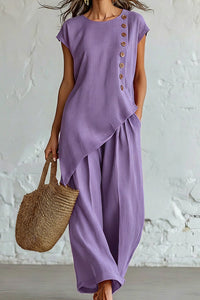 Willluxe® Asymmetrical Button Top & Wide-Leg Pants Lounge Set