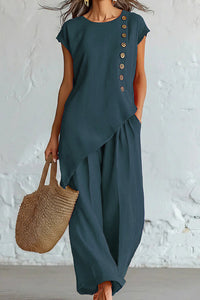 Willluxe® Asymmetrical Button Top & Wide-Leg Pants Lounge Set