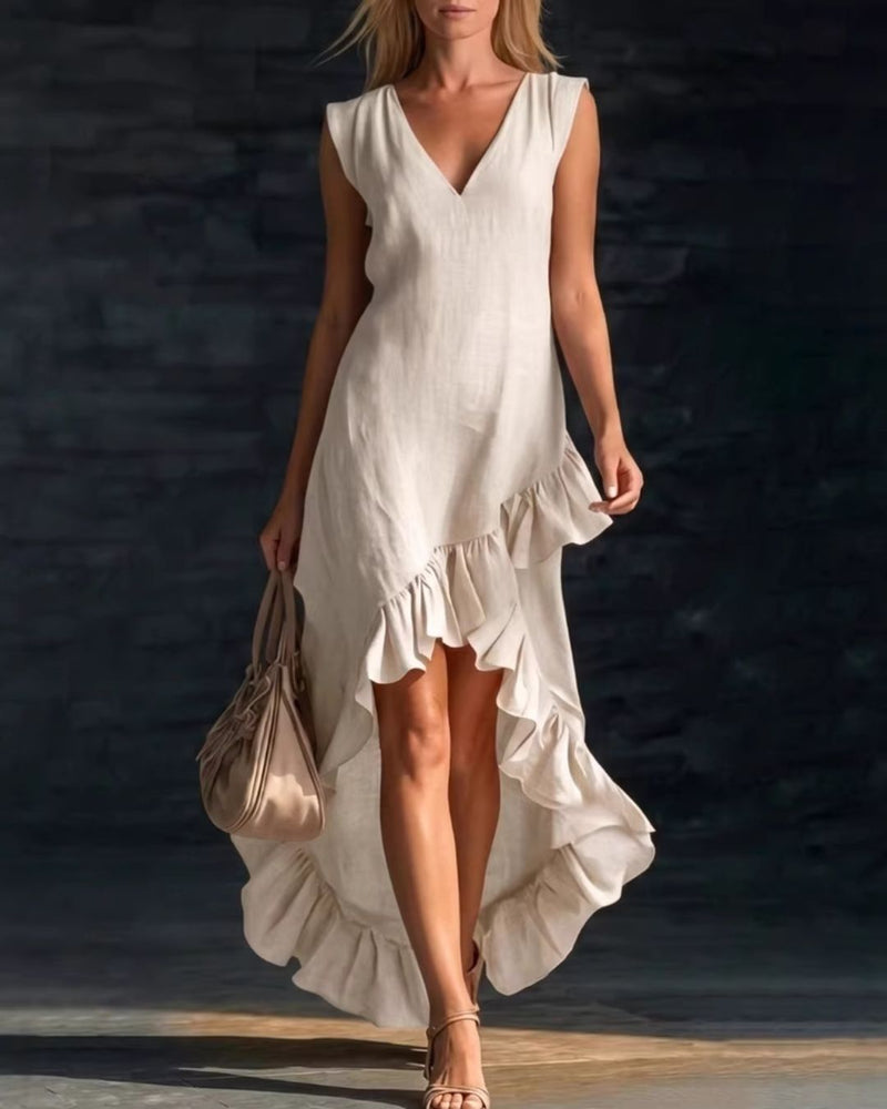 Willluxe® Ruffle Hem Elegant Sleeveless V-neck Dress