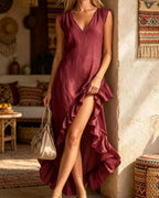 Willluxe® Ruffle Hem Elegant Sleeveless V-neck Dress