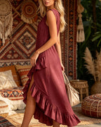 Willluxe® Ruffle Hem Elegant Sleeveless V-neck Dress