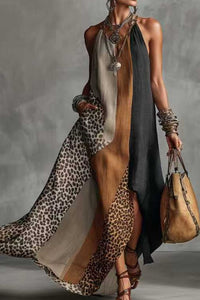 Willluxe® Loose Sleeveless Contrast Leopard Pockets Maxi Dresses