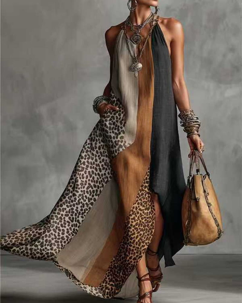 Willluxe® Loose Sleeveless Contrast Leopard Pockets Maxi Dresses