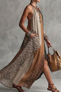 Willluxe® Loose Sleeveless Contrast Leopard Pockets Maxi Dresses