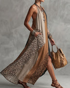 Willluxe® Loose Sleeveless Contrast Leopard Pockets Maxi Dresses