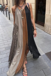 Willluxe® Loose Sleeveless Contrast Leopard Pockets Maxi Dresses