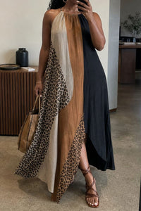 Willluxe® Loose Sleeveless Contrast Leopard Pockets Maxi Dresses