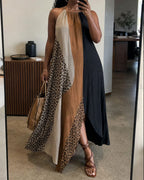 Willluxe® Loose Sleeveless Contrast Leopard Pockets Maxi Dresses