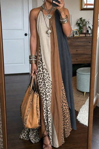 Willluxe® Loose Sleeveless Contrast Leopard Pockets Maxi Dresses