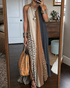 Willluxe® Loose Sleeveless Contrast Leopard Pockets Maxi Dresses