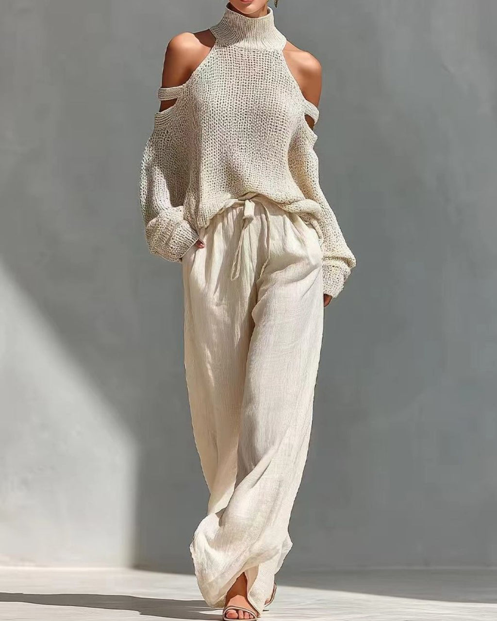 Willluxe® Knit Cold-Shoulder Turtleneck Wide-Leg Pants Set