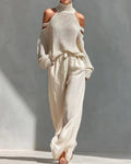 Willluxe® Knit Cold-Shoulder Turtleneck Wide-Leg Pants Set