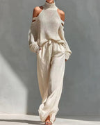 Willluxe® Knit Cold-Shoulder Turtleneck Wide-Leg Pants Set