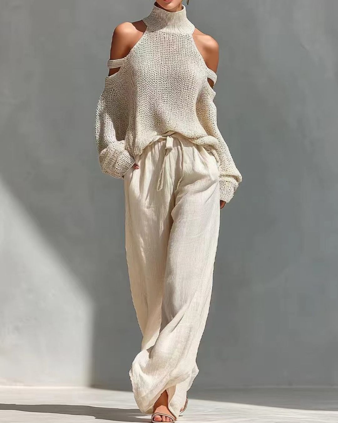 Willluxe® Knit Cold-Shoulder Turtleneck Wide-Leg Pants Set