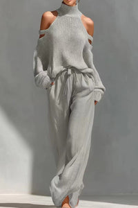 Willluxe® Knit Cold-Shoulder Turtleneck Wide-Leg Pants Set