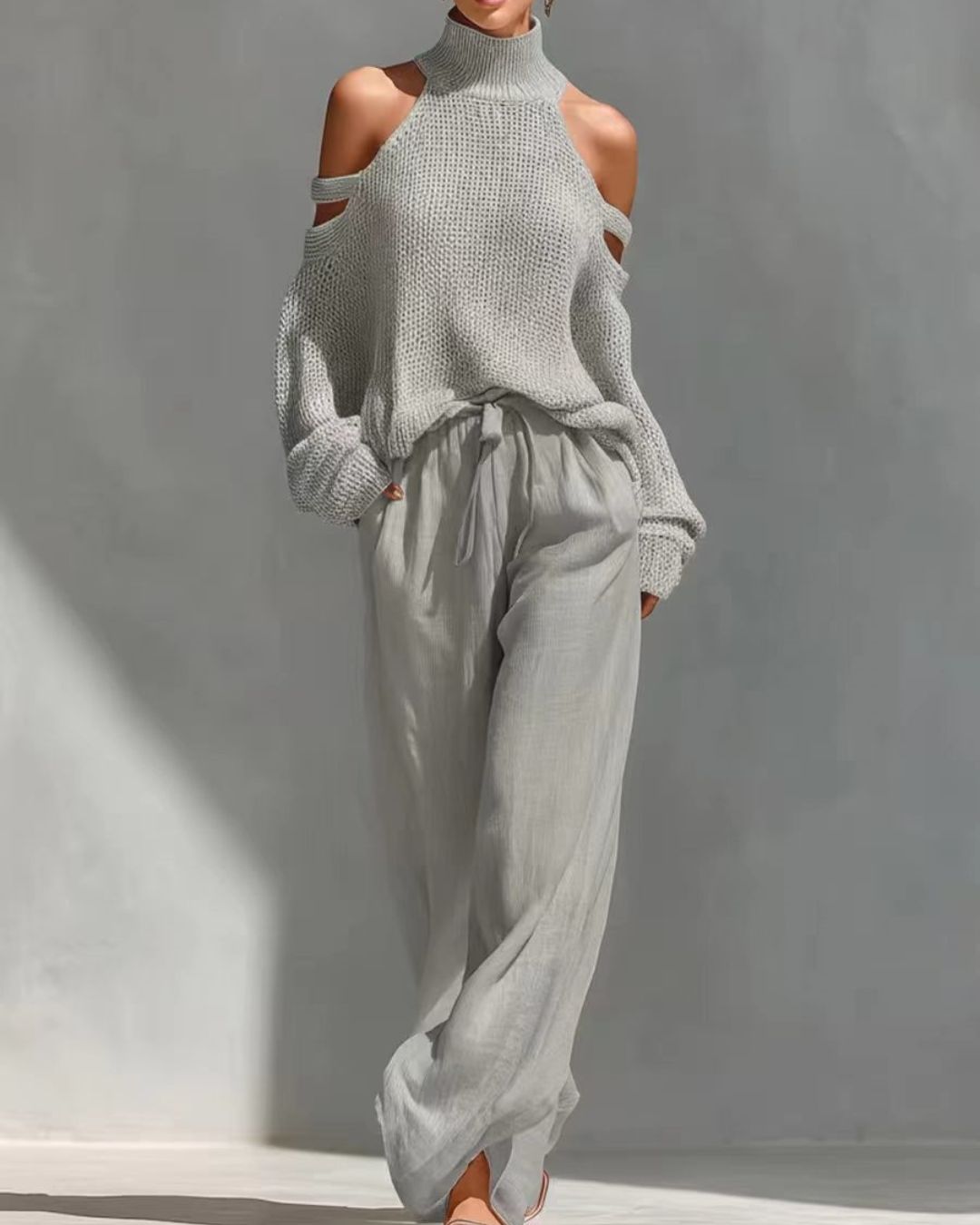 Willluxe® Knit Cold-Shoulder Turtleneck Wide-Leg Pants Set