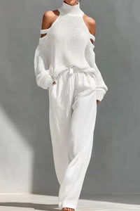Willluxe® Knit Cold-Shoulder Turtleneck Wide-Leg Pants Set