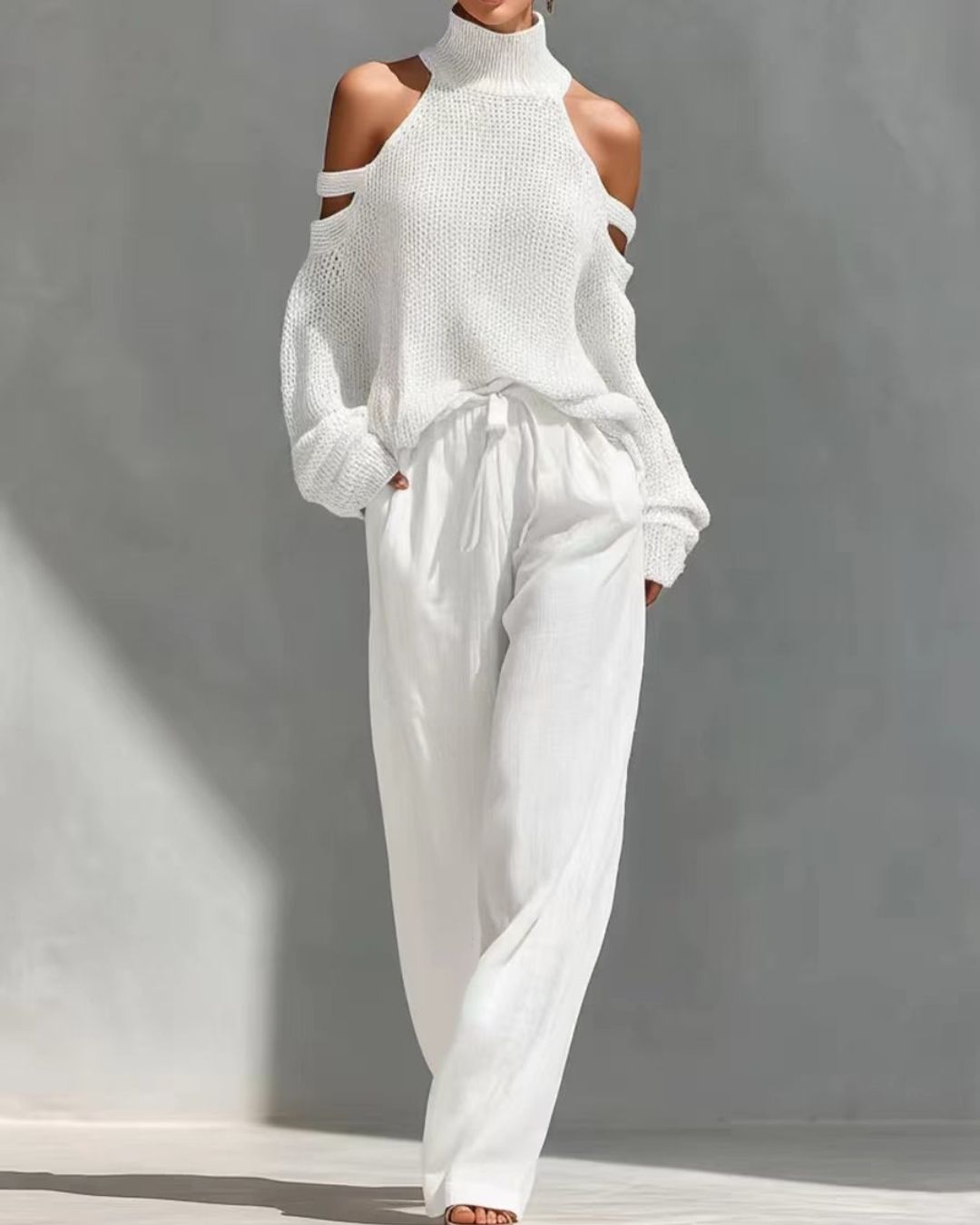 Willluxe® Knit Cold-Shoulder Turtleneck Wide-Leg Pants Set