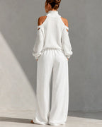 Willluxe® Knit Cold-Shoulder Turtleneck Wide-Leg Pants Set