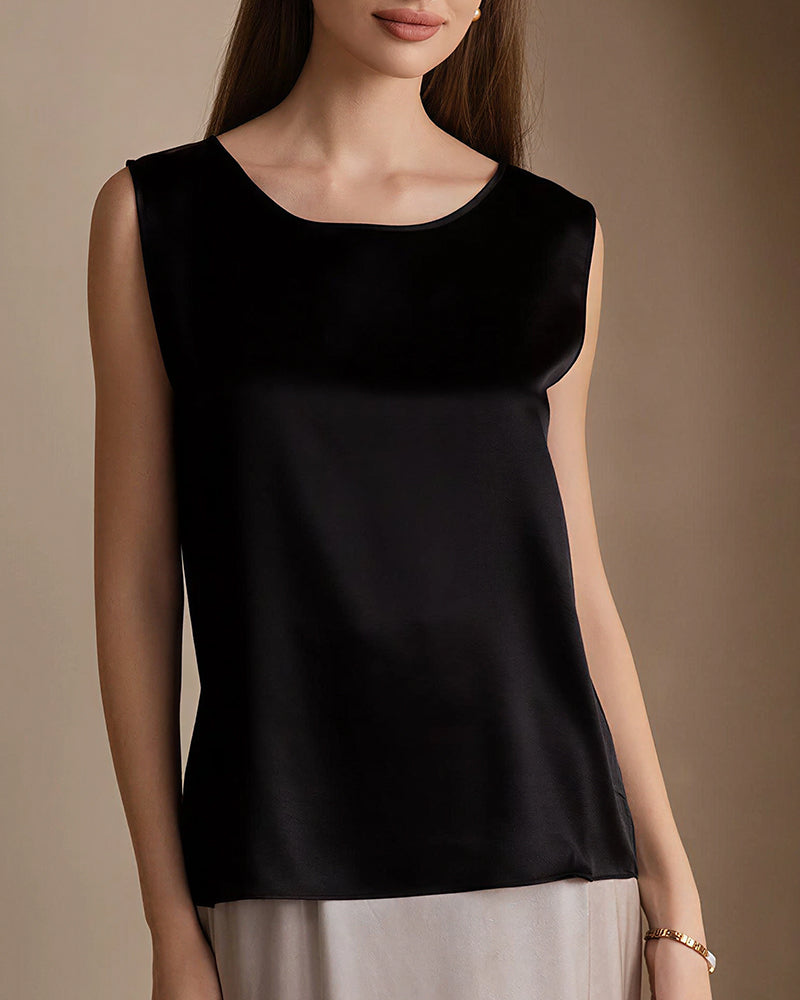 Willluxe® Luxe Satin Silk Sleeveless Blouse - Relaxed Round Neck Tank Top