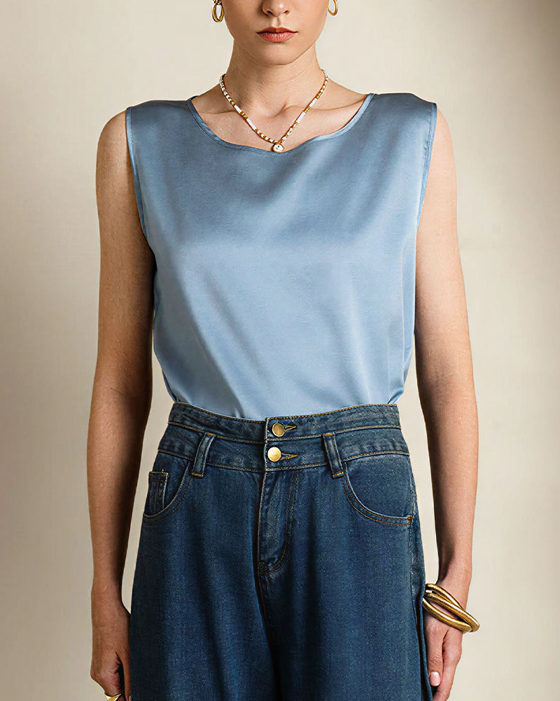 Willluxe® Luxe Satin Silk Sleeveless Blouse - Relaxed Round Neck Tank Top