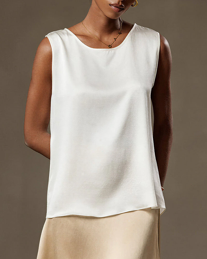 Willluxe® Luxe Satin Silk Sleeveless Blouse - Relaxed Round Neck Tank Top