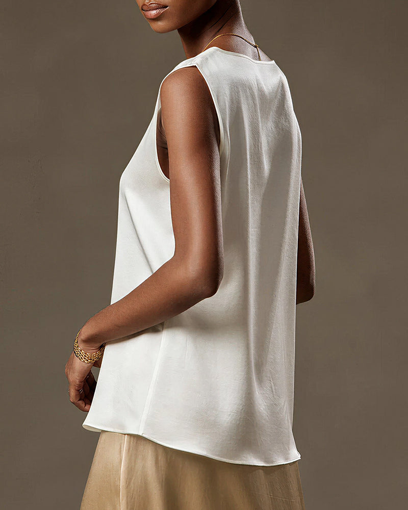 Willluxe® Luxe Satin Silk Sleeveless Blouse - Relaxed Round Neck Tank Top