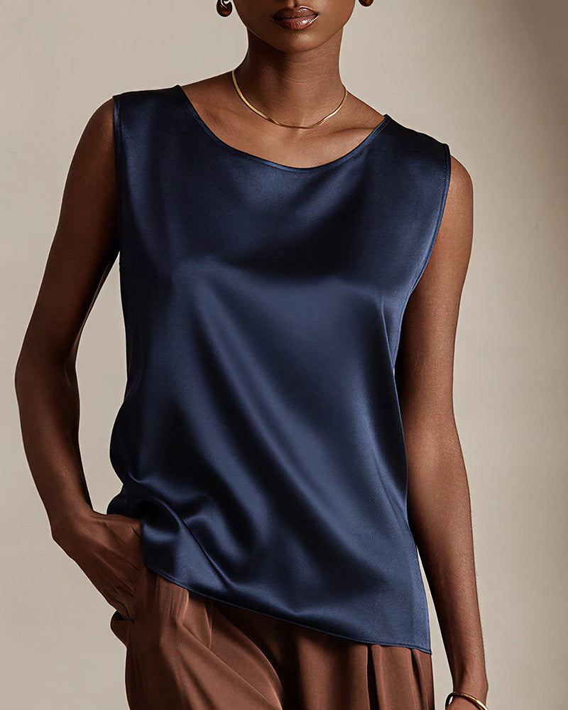 Willluxe® Luxe Satin Silk Sleeveless Blouse - Relaxed Round Neck Tank Top
