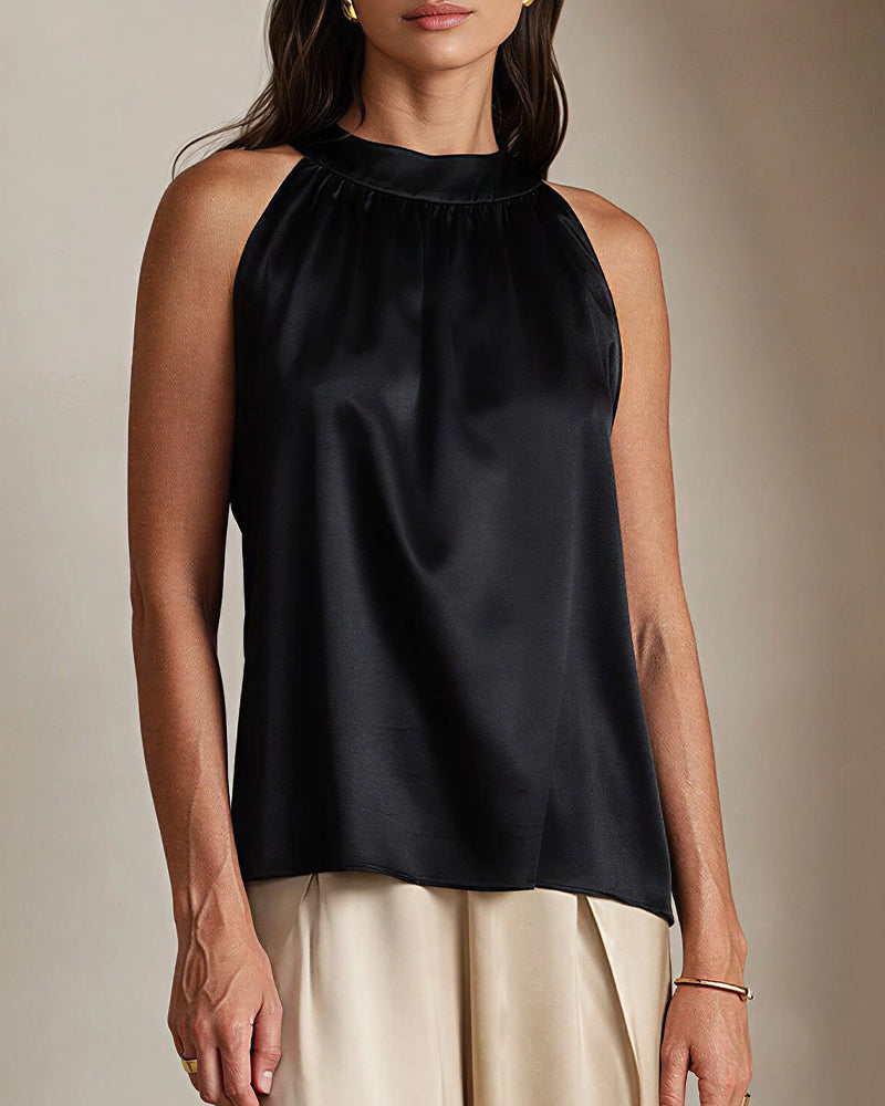 Willluxe® Silky Satin Silk Halter Neck Sleeveless Blouse