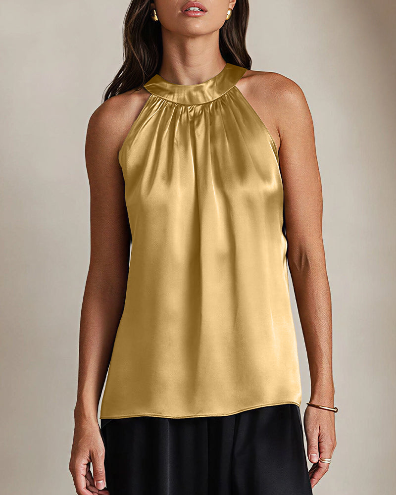 Willluxe® Silky Satin Silk Halter Neck Sleeveless Blouse