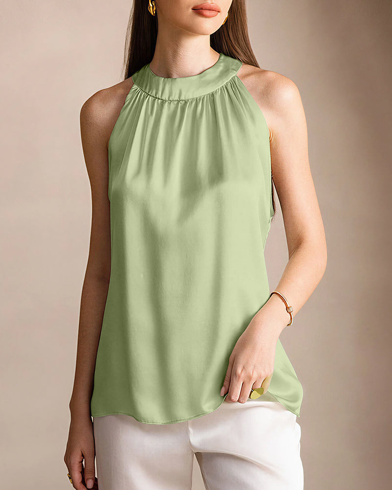Willluxe® Silky Satin Silk Halter Neck Sleeveless Blouse