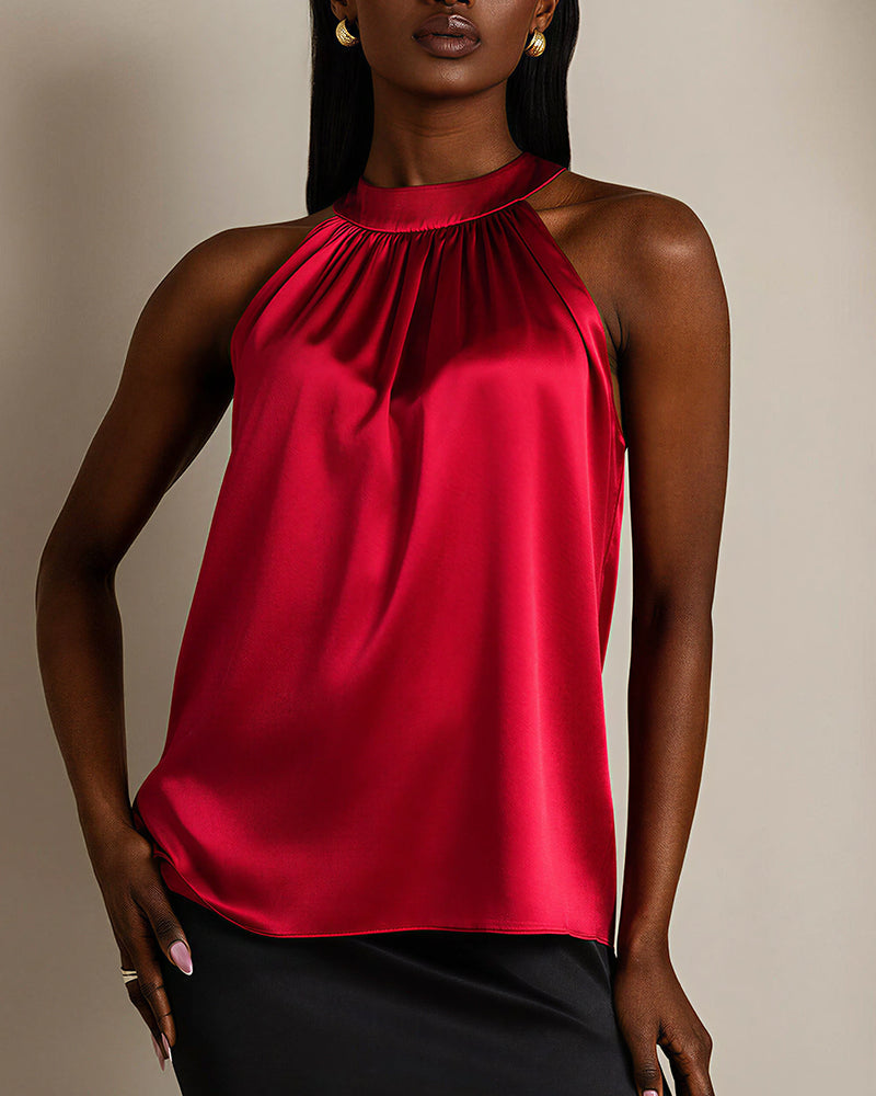 Willluxe® Silky Satin Silk Halter Neck Sleeveless Blouse
