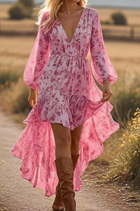 Willluxe® Bohemian Floral V-Neck Asymmetrical Maxi Dress