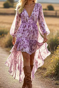 Willluxe® Bohemian Floral V-Neck Asymmetrical Maxi Dress