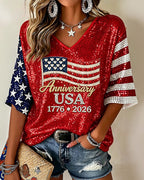 Willluxe® Anniversary 1776-2026 V-Neck Graphic T-Shirt