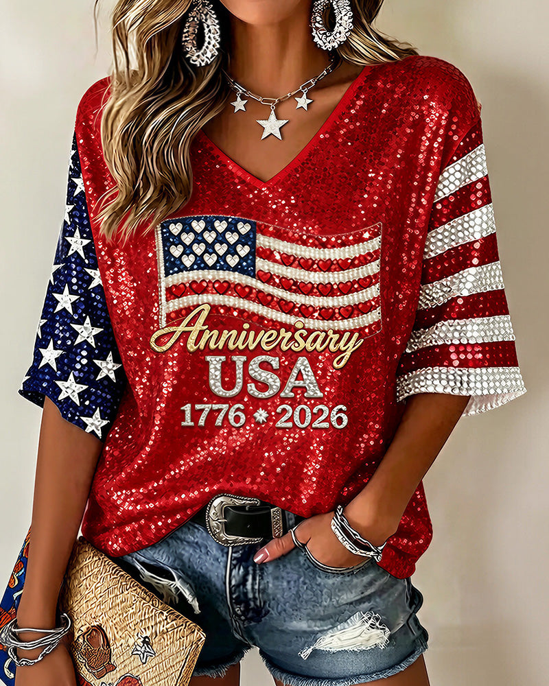 Willluxe® Anniversary 1776-2026 V-Neck Graphic T-Shirt