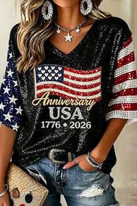 Willluxe® Anniversary 1776-2026 V-Neck Graphic T-Shirt