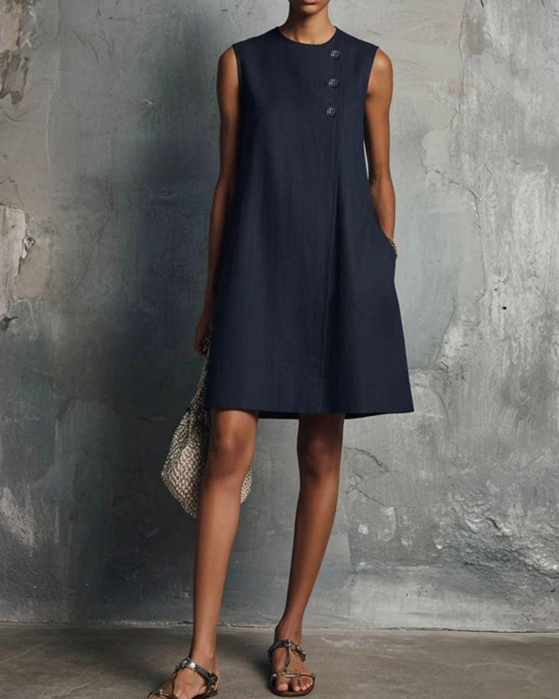 Willluxe® Commuter Round Neck Buttons Mini Dress